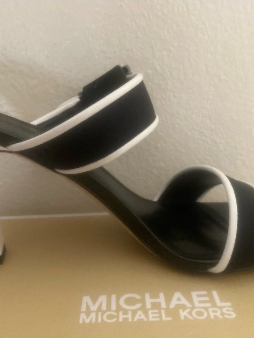 Michael Kors Black Colby Neoprene Heeled Sandal Slides with White Piping
